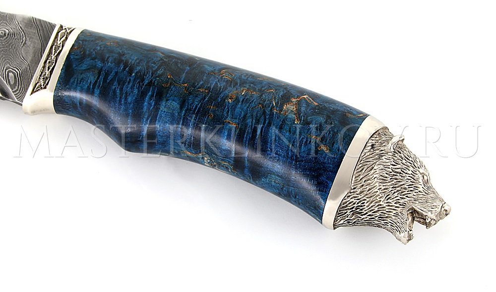 Нож из дамасской стали «Медведь», долы, камень, рукоять — карельская береза, литье