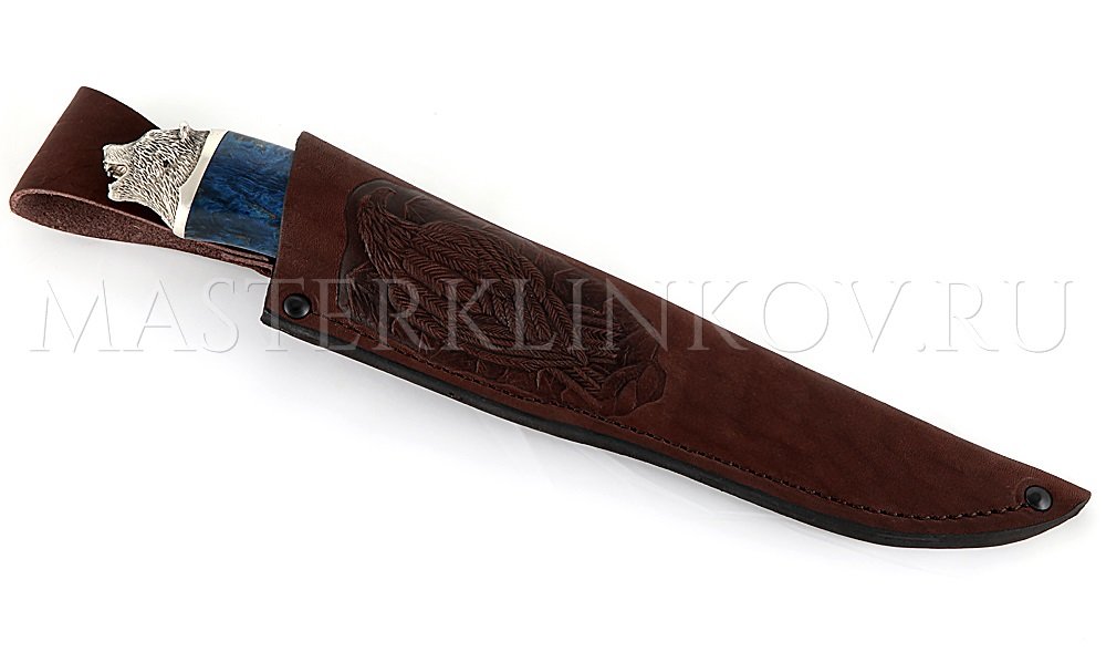 Нож из дамасской стали «Медведь», долы, камень, рукоять — карельская береза, литье