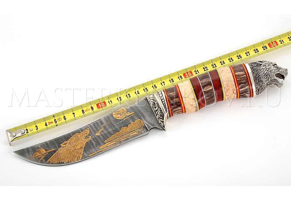 Нож из дамасской стали Восток, гравировка золочением, наборная рукоять