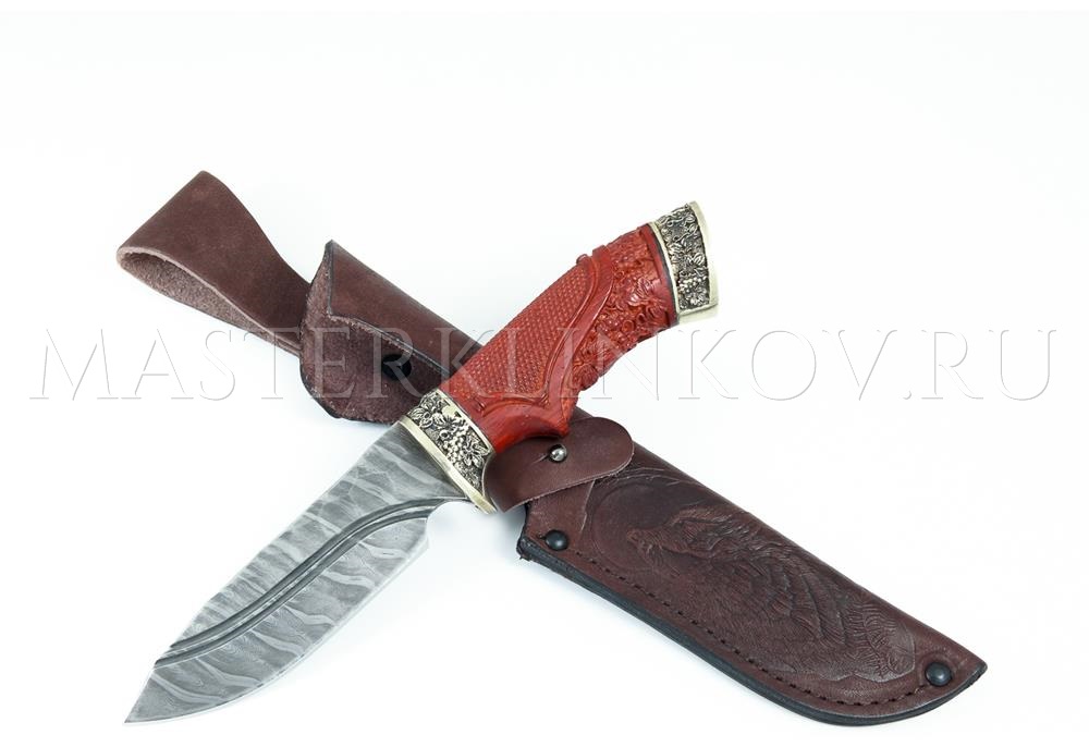 Нож из дамасской стали Бобр, долы, камень, рукоять - падук, резьба, литье