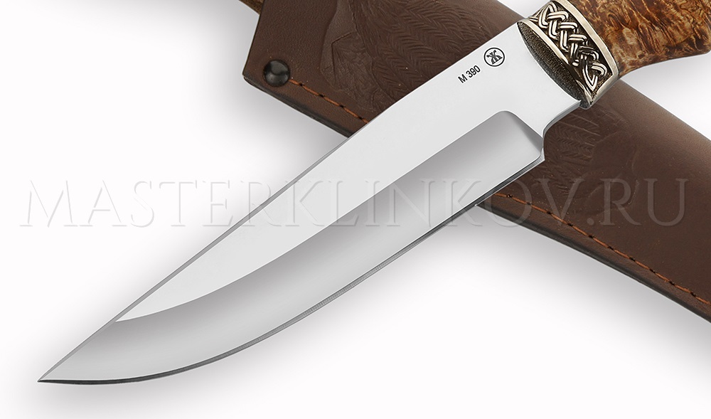 Нож из порошковой стали М390 Медведь, рукоять - карельская береза, литье