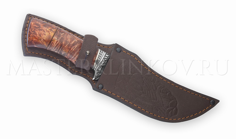 Нож из дамасской стали Восток, долы, камень, рукоять - карельская береза