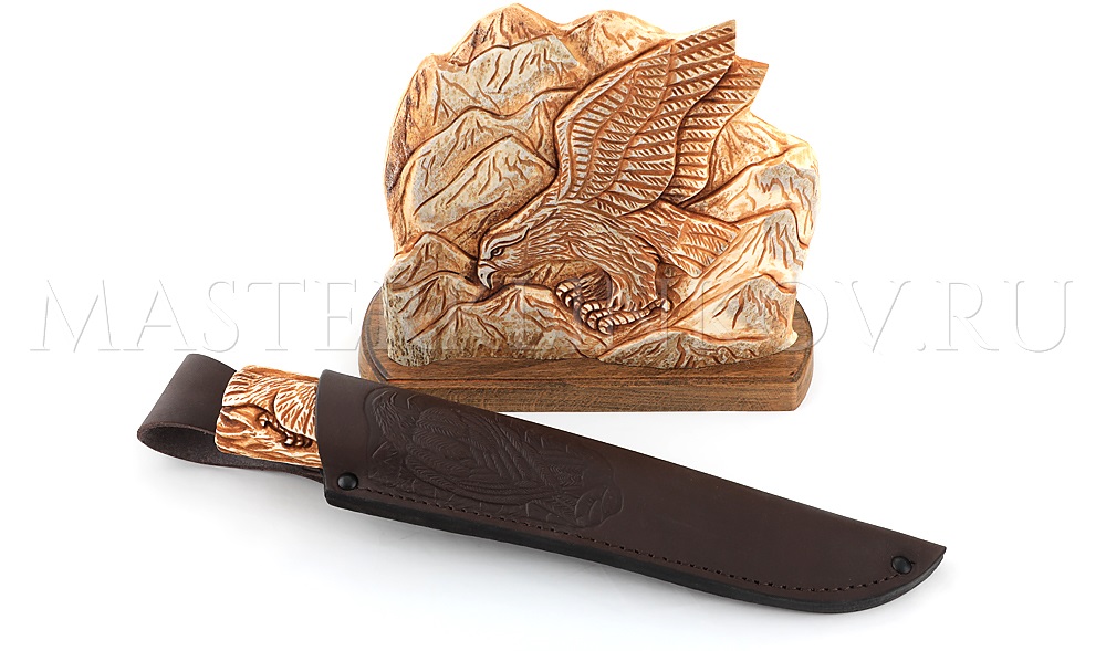 Нож из дамасской стали Беркут, гравировка золочением, рукоять - подставка- рог лося, резьба