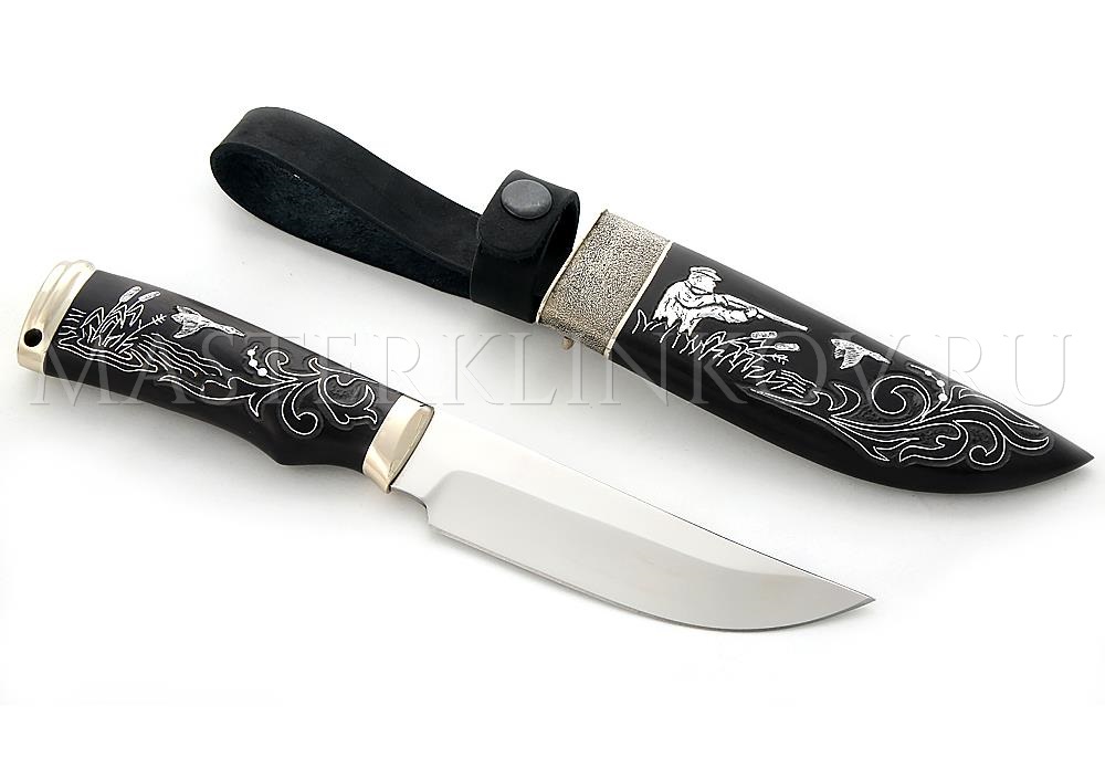 Нож из порошковой стали Elmax Егерь, черный граб с инкрустацией, мельхиор