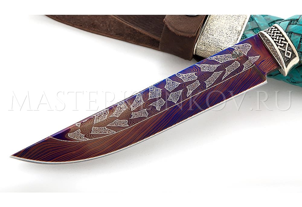 Нож Осетр мозаичный дамаск, рукоять и ножны - стабилизированный граб, резьба, литье