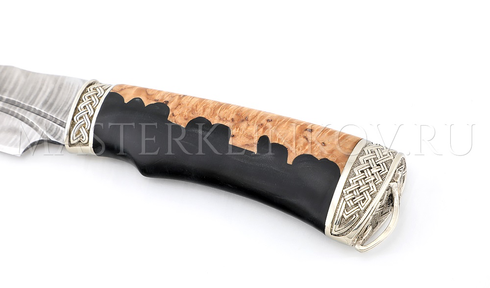 Нож из дамасской стали Медведь, долы, камень, рукоять - карельская береза, композит