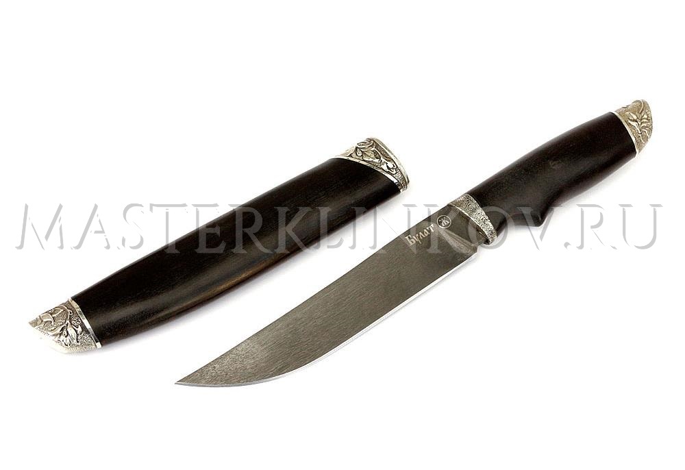 Нож из булатной стали Осетр, рукоять - черный граб, литье, ножны- черный граб