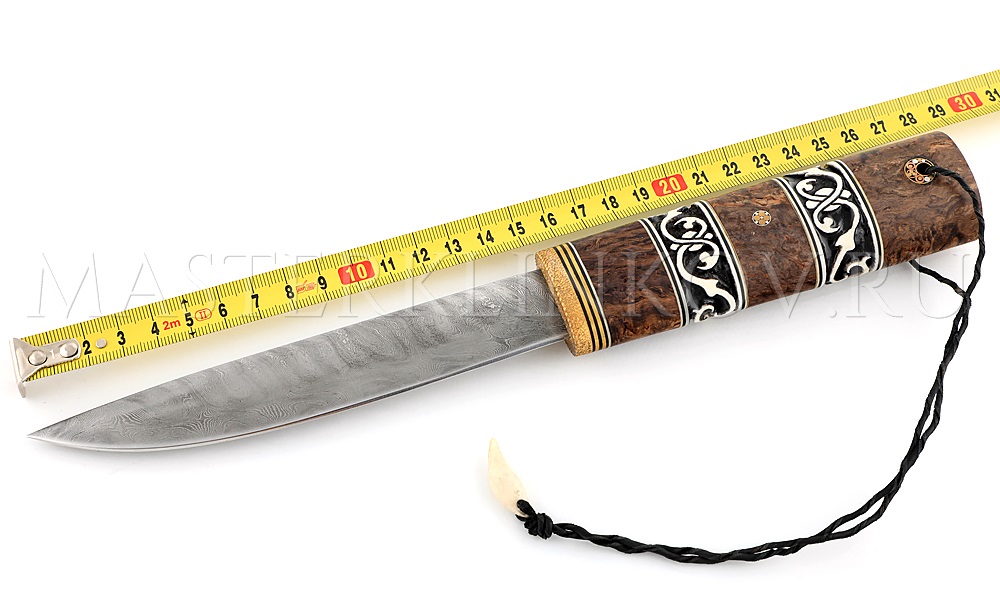 Нож из дамасской стали Якут большой, рукоять - карельская береза, инкрустация
