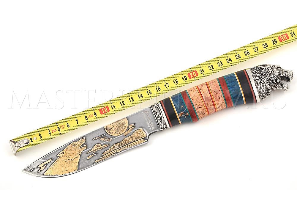 Нож из алмазной стали Волк, золочение, рукоять - комбинированная, наборная, литье