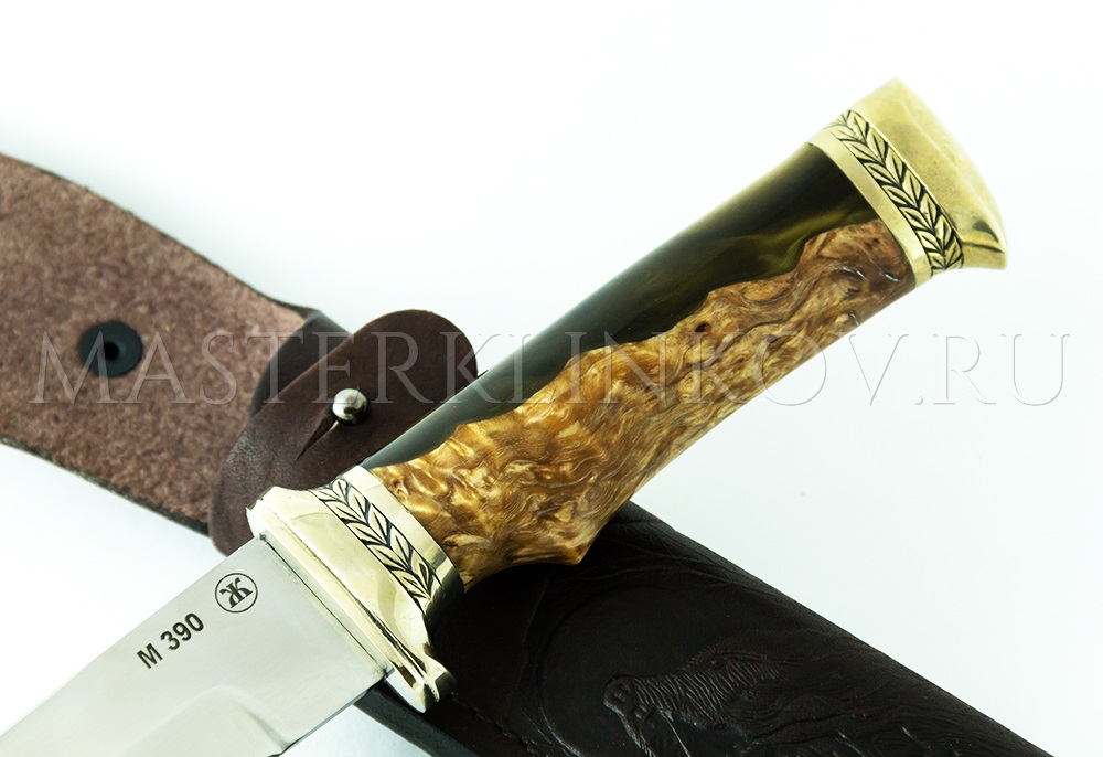 Нож из порошковой стали М390 Клык, рукоять - карельская береза, акрил, мельхиор