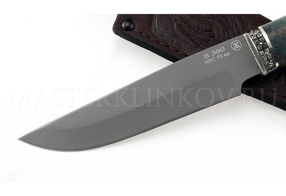 Нож из порошковой стали Böhler S390 Медведь, рукоять — стаб. карельская береза, литье