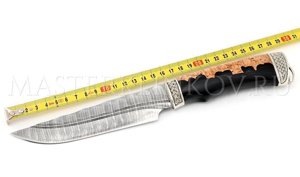 Нож из дамасской стали Медведь, долы, камень, рукоять - карельская береза, композит