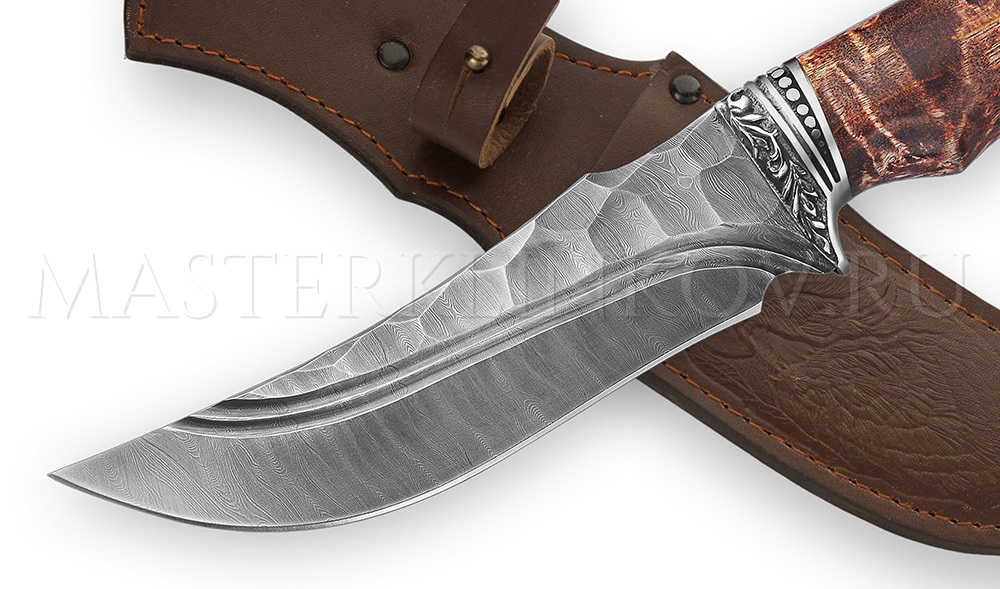 Нож из дамасской стали Восток, долы, камень, рукоять - карельская береза