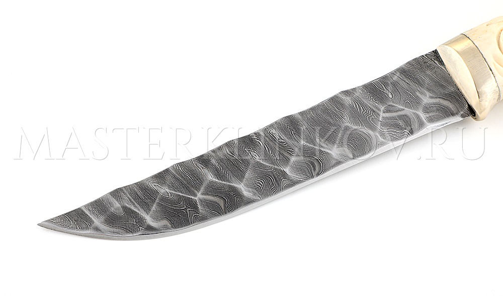 Нож из дамасской стали Лань, оформление клинка - камень, рукоять - рог лося, резьба