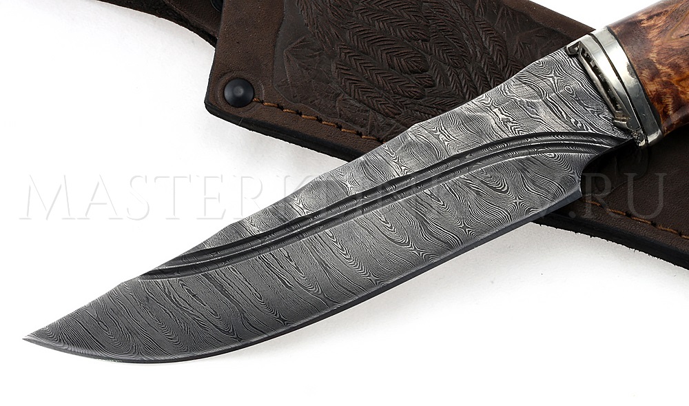Нож из дамасской стали Медведь, долы, камень, рукоять - карельская береза, литье