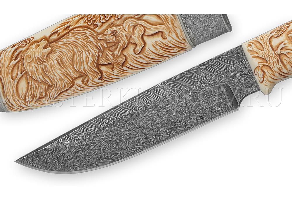 Нож Медведь, торцевой дамаск, рукоять и ножны - резьба по кости, литье
