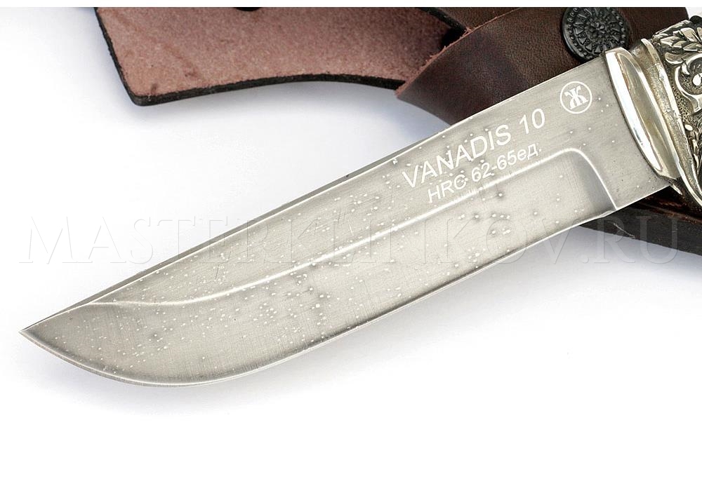 Нож из порошковой стали Vanadis 10 Глухарь, рукоять  — карельская береза, литье