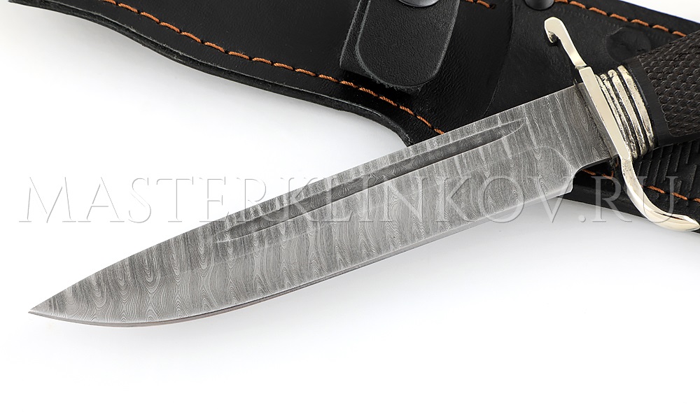 Нож Финка НКВД реплика, дамасская сталь, рукоять- граб, резьба, мельхиор