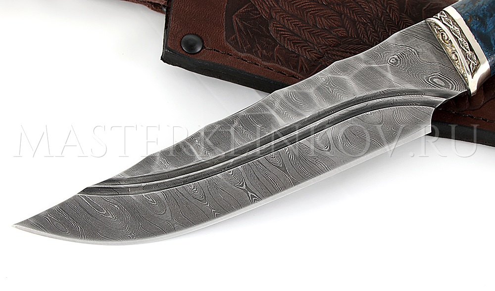 Нож из дамасской стали «Медведь», долы, камень, рукоять — карельская береза, литье