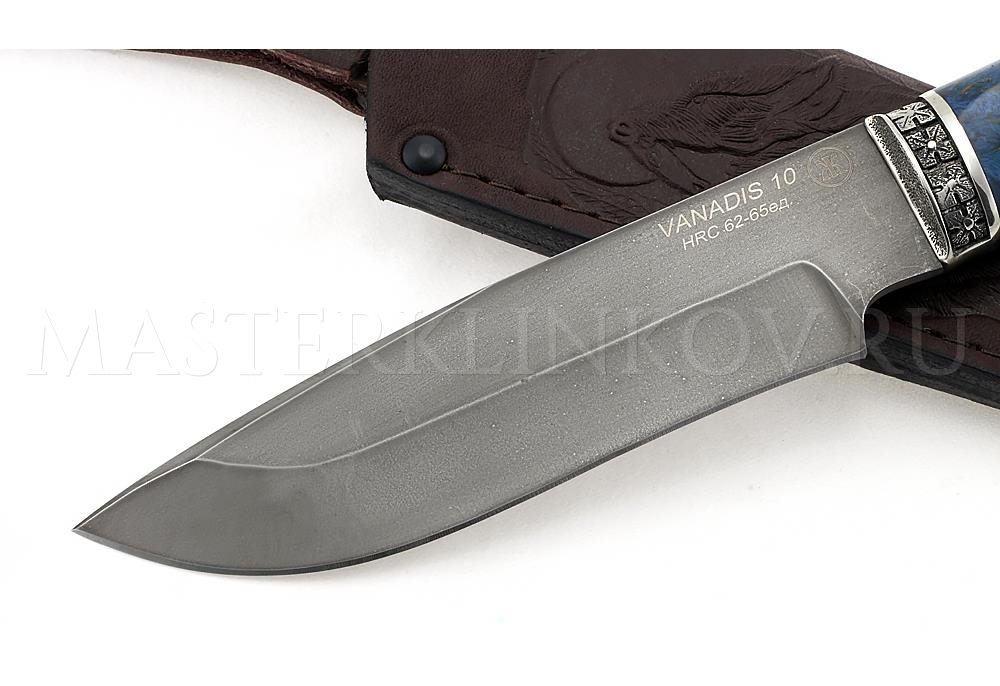 Нож из порошковой стали Vanadis 10 Волк, рукоять под пальцы — стаб. карельская береза,  литье