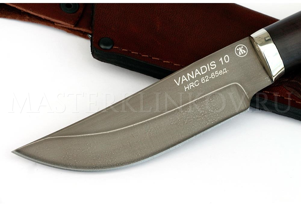 Нож из порошковой стали Vanadis 10 Егерь, рукоять  — черный граб, литье мельхиор