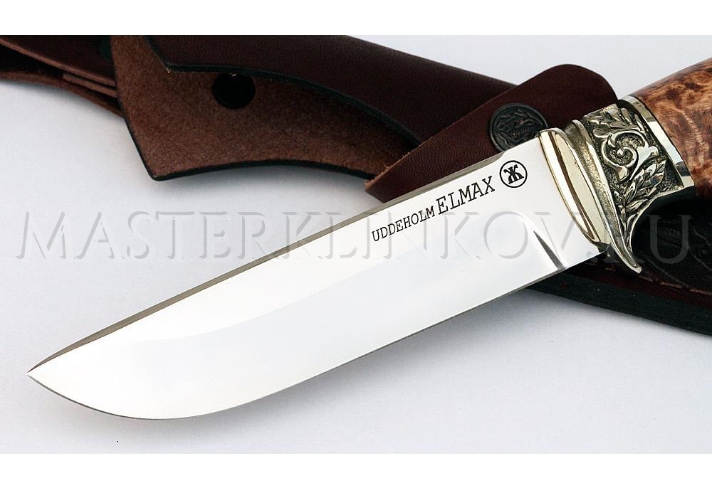 Нож из порошковой стали Elmax Глухарь, рукоять - карельская береза, литье
