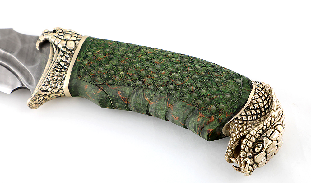 Нож из дамасской стали Восток, долы, камень, рукоять - карельская береза, резьба, литье