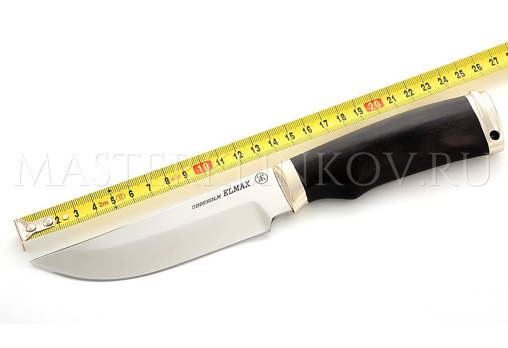 Нож из порошковой стали Elmax Егерь, черный граб с инкрустацией, мельхиор