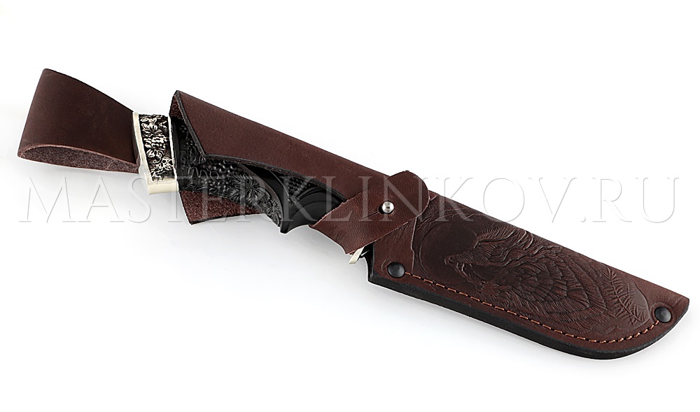 Нож из дамасской стали Бобр, долы, камень, рукоять - черный граб, резьба, литье
