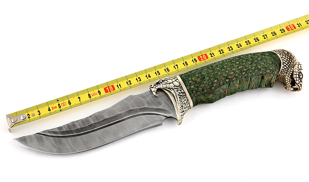 Нож из дамасской стали Восток, долы, камень, рукоять - карельская береза, резьба, литье