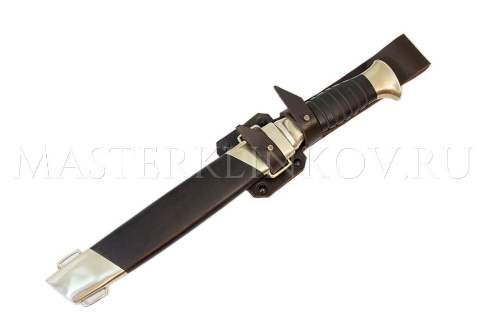 Нож из дамасской стали Казак (пластунский), рукоять - кожа, ножны - черный граб, литье