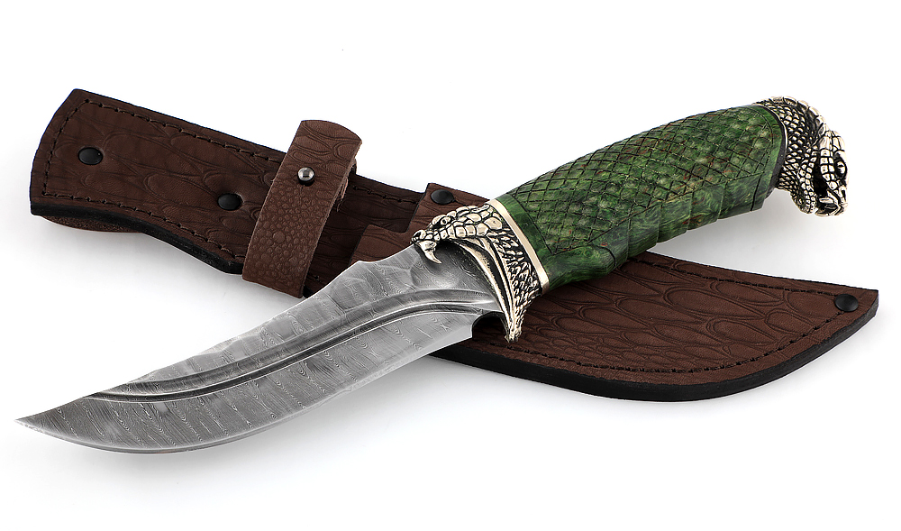 Нож из дамасской стали Восток, долы, камень, рукоять - карельская береза, резьба, литье