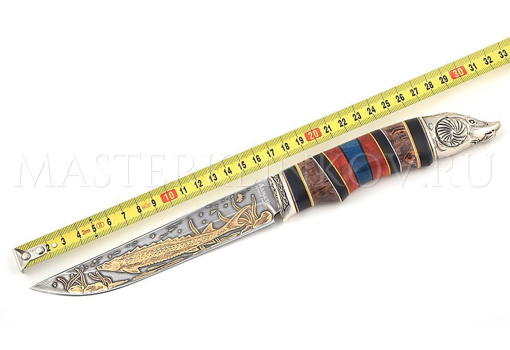 Нож из алмазной стали Осетр, золочение, рукоять - комбинированная, наборная, литье