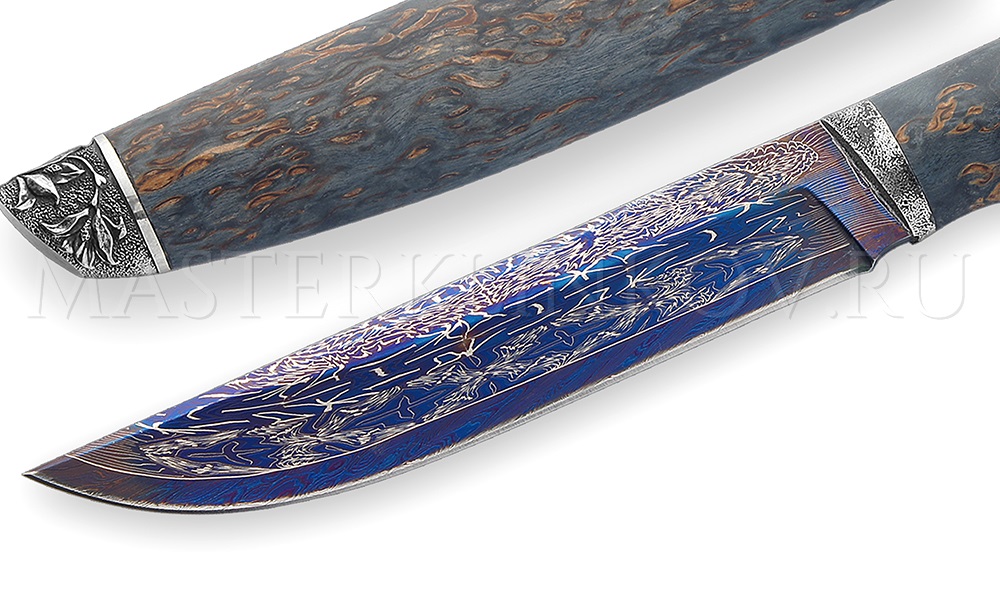Нож Осетр, мозаичный дамаск, стабилизированная карельская береза