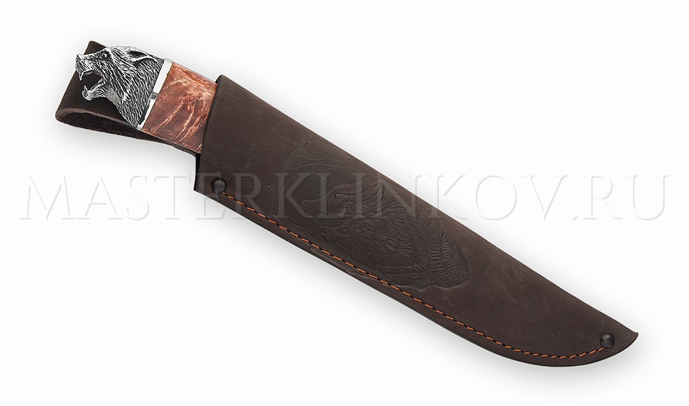 Нож из дамасской стали Волк, долы, камень, рукоять - карельская береза, литье