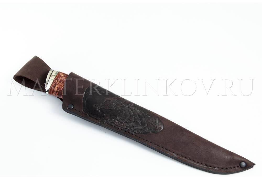 Нож из дамасской стали Осетр, долы, камень, рукоять - карельская береза, литье