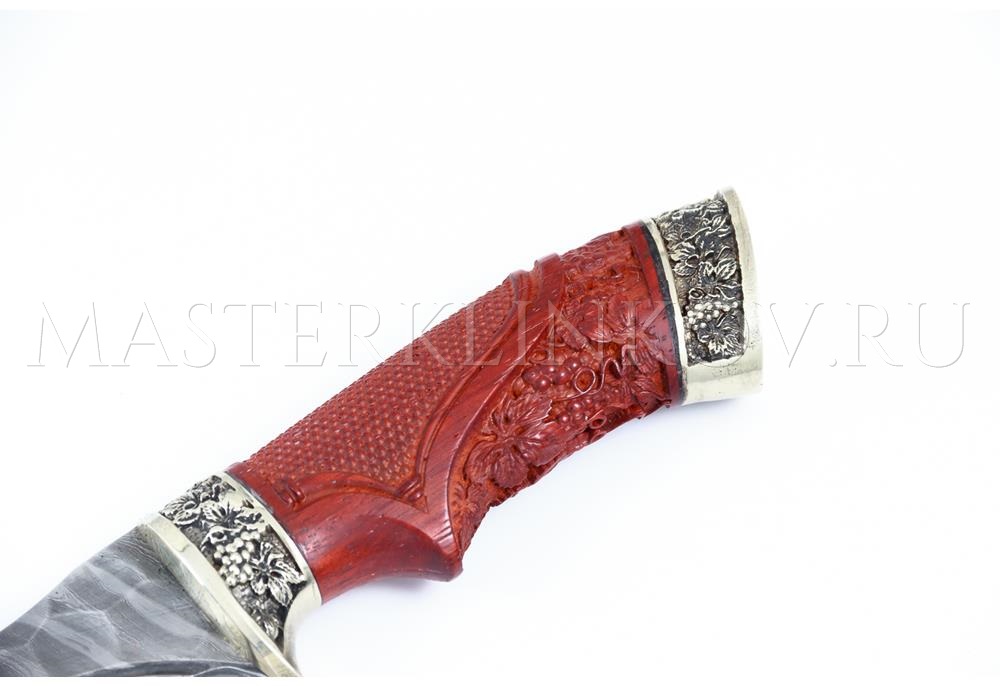 Нож из дамасской стали Бобр, долы, камень, рукоять - падук, резьба, литье
