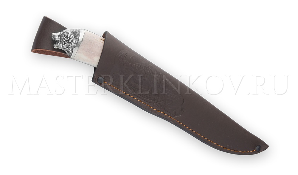 Нож из дамасской стали Белый медведь, рог лося, литье - медведь