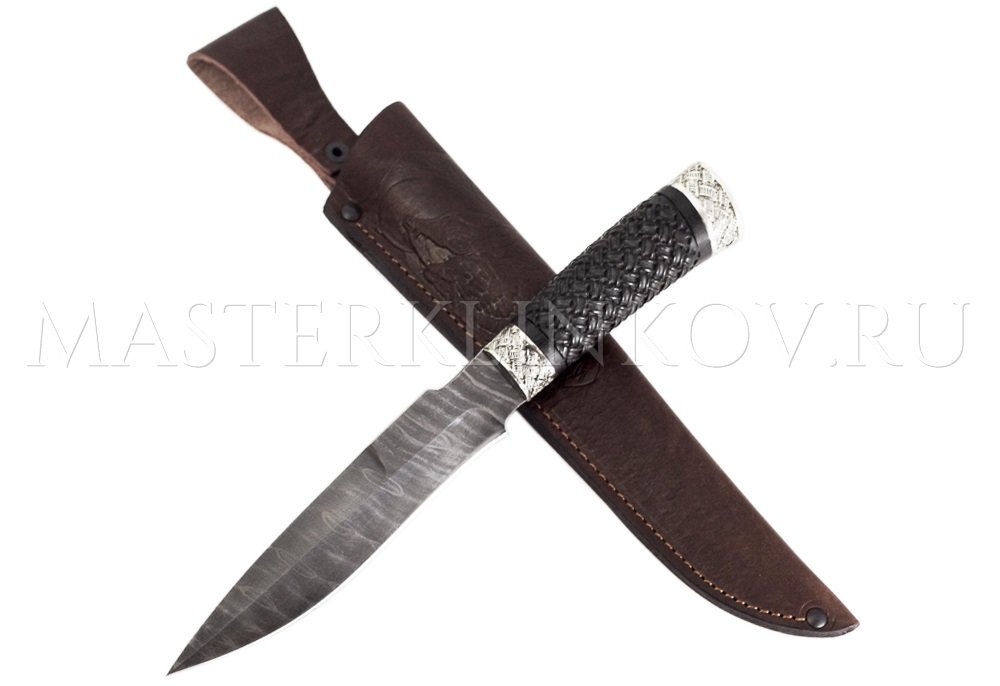 Нож из дамасской стали Осетр-2, рукоять - черный граб, резьба, литье