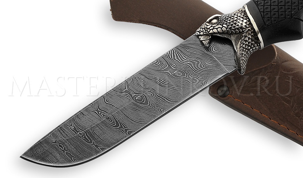 Нож из дамасской стали Глухарь, рукоять - черный граб, резьба Кобра