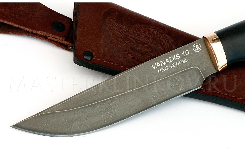 Нож из порошковой стали Vanadis 10 Медведь, рукоять — черный граб, бронза