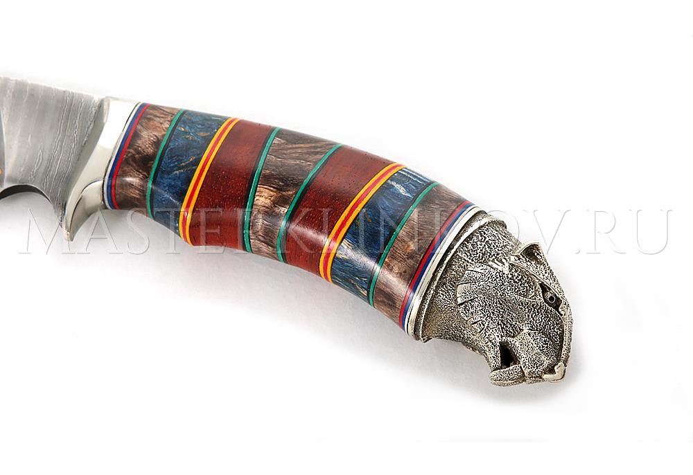 Нож из дамасской стали Бобр золочение, рукоять - наборная карельская береза, литье