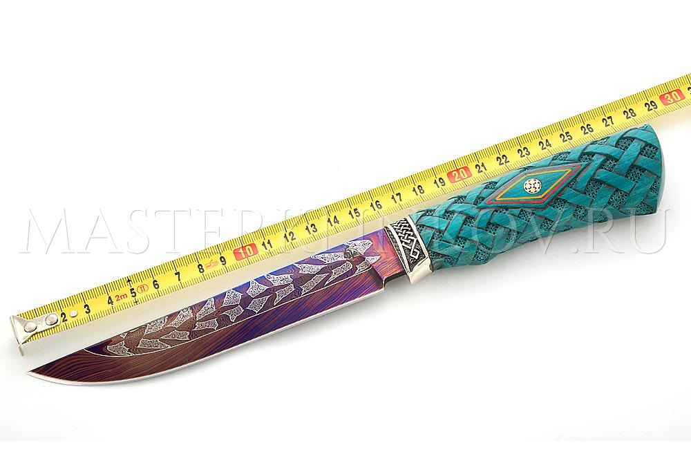 Нож Осетр мозаичный дамаск, рукоять и ножны - стабилизированный граб, резьба, литье