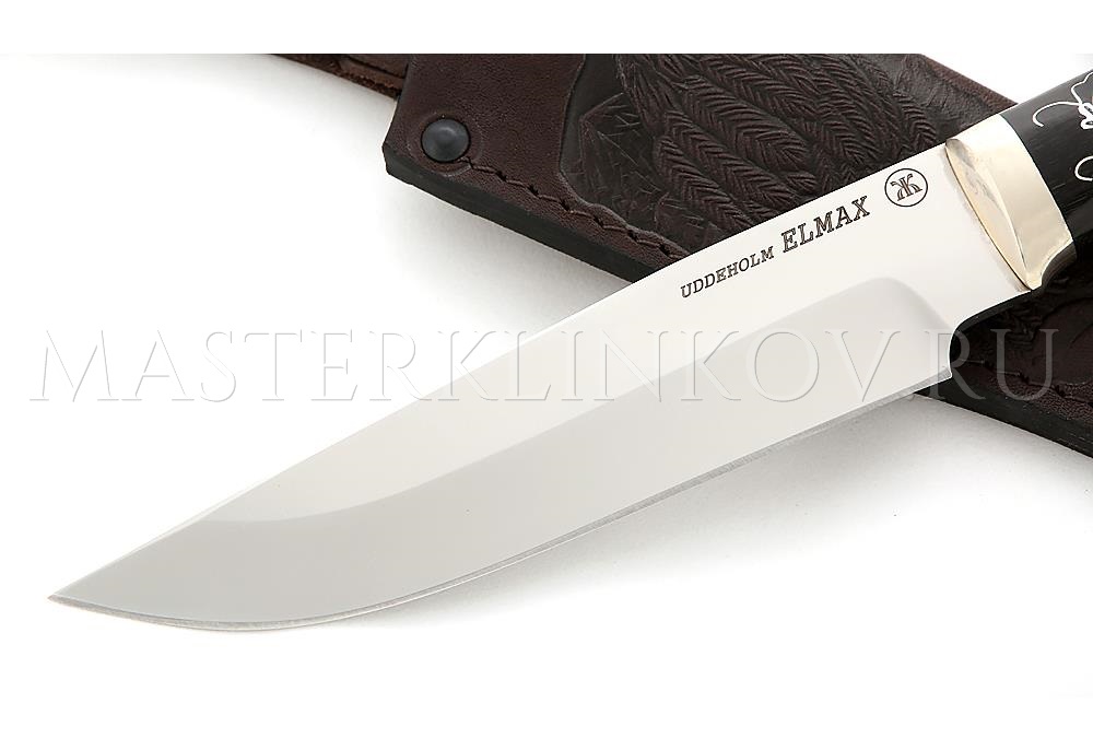 Нож из стали Elmax «Медведь», рукоять - черный граб, инкрустация, мельхиор