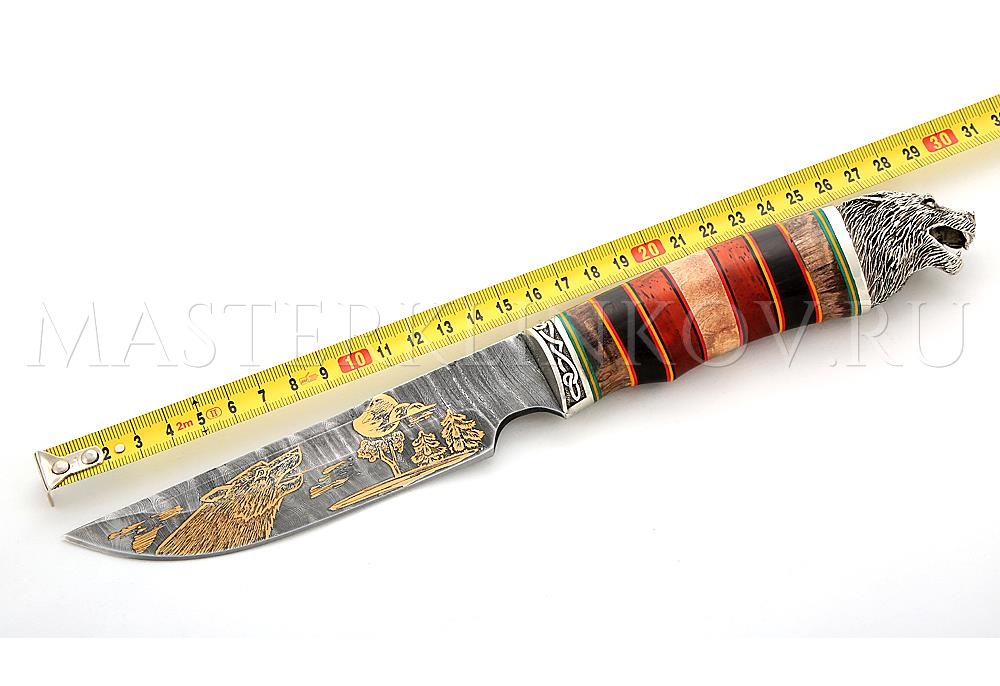 Нож из дамасской стали Золотоискатель, гравировка золочением, рукоять - наборная