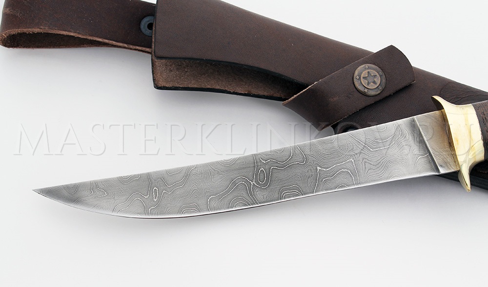 Нож филейный кованый из дамасской стали №2, 200 мм, рукоять - венге, береста