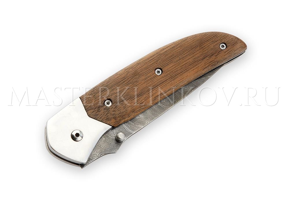 Нож складной из дамасской стали Флинт, рукоять - орех с клипсой