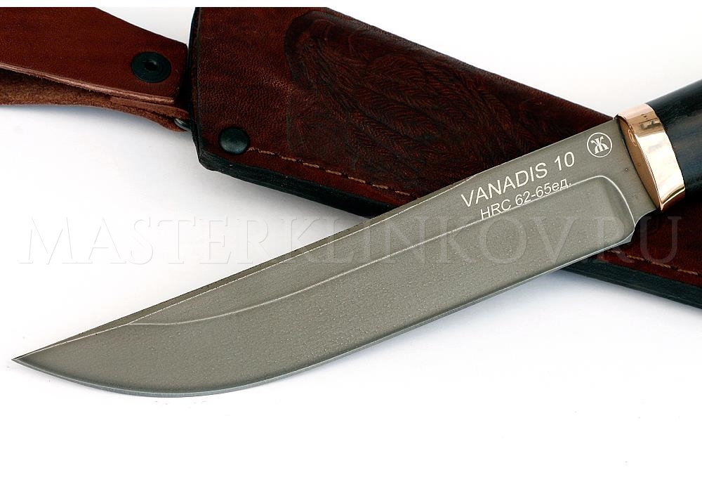 Нож из порошковой стали Vanadis 10 Осетр, рукоять — черный граб, бронза