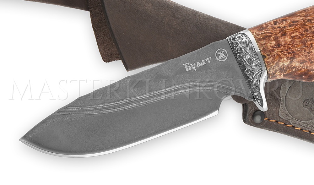 Нож из булатной стали Бобр, долы, камень, рукоять - карельская береза, литье