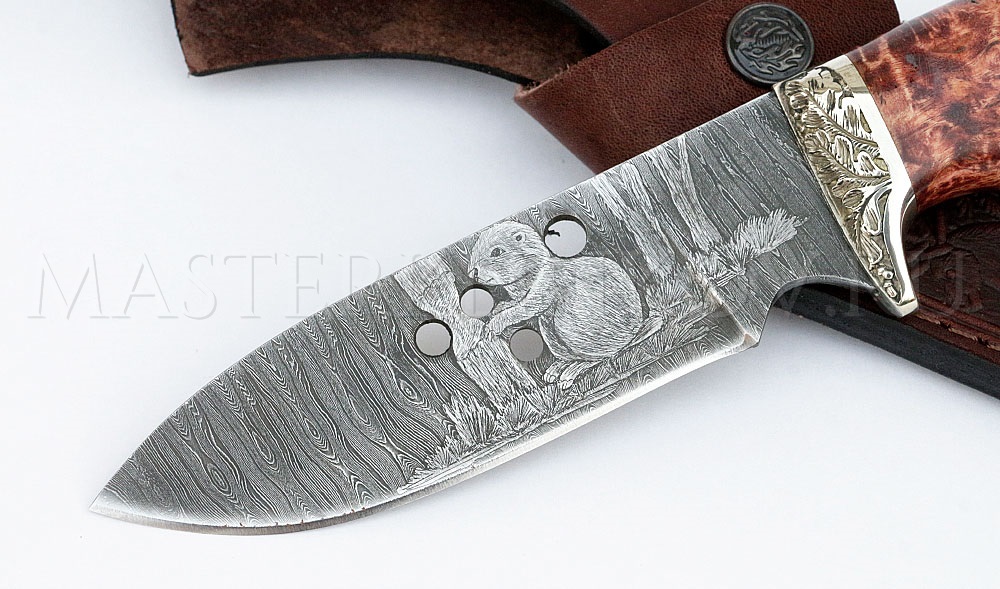 Нож из дамасской стали Бобр,гравировка, вырубка, рукоять - карельская береза, литье